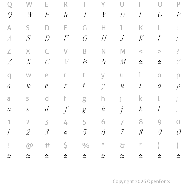 Character Map of FONTSPRING DEMO - Aumiller Serif ExtLt Italic