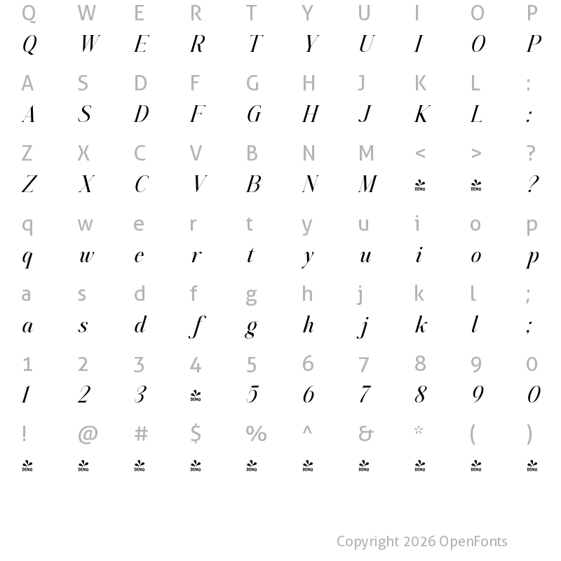 Character Map of FONTSPRING DEMO - Aumiller Serif Med Italic