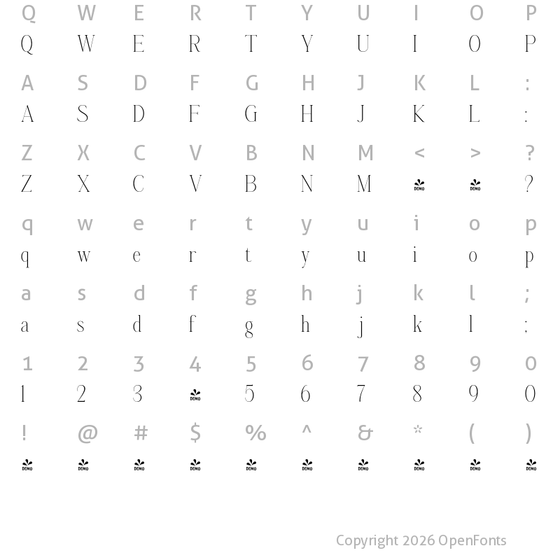 Character Map of FONTSPRING DEMO - Aumiller Serif Thin Regular