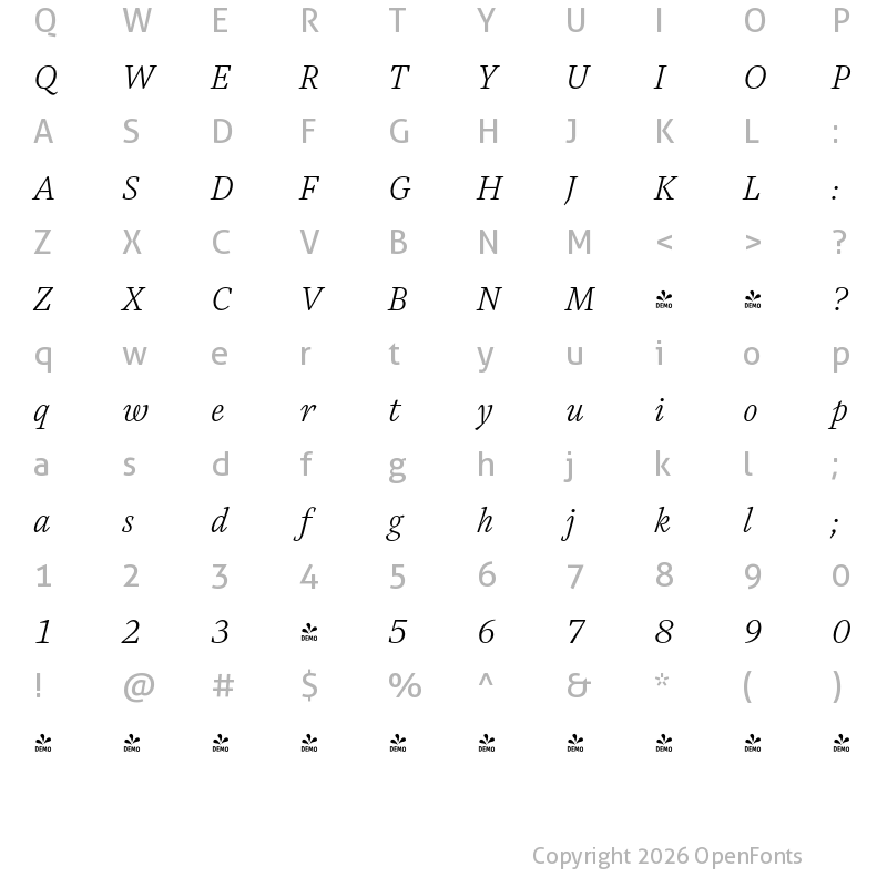 Character Map of FONTSPRING DEMO - Austera Text Extralight Italic