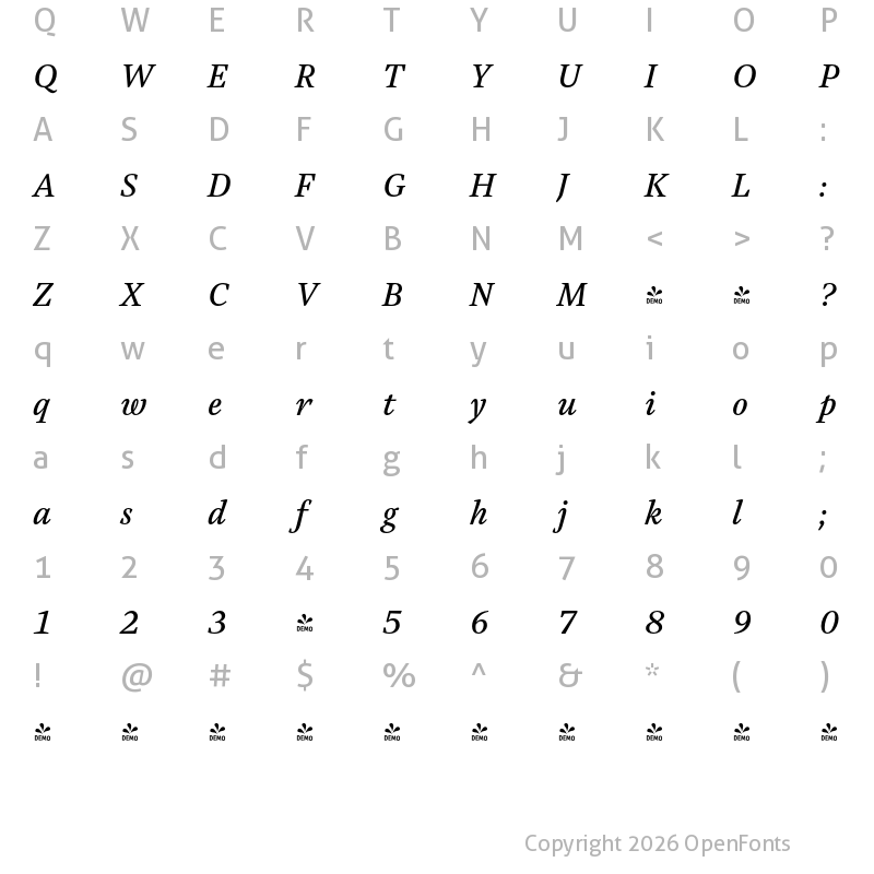 Character Map of FONTSPRING DEMO - Austera Text Medium Italic