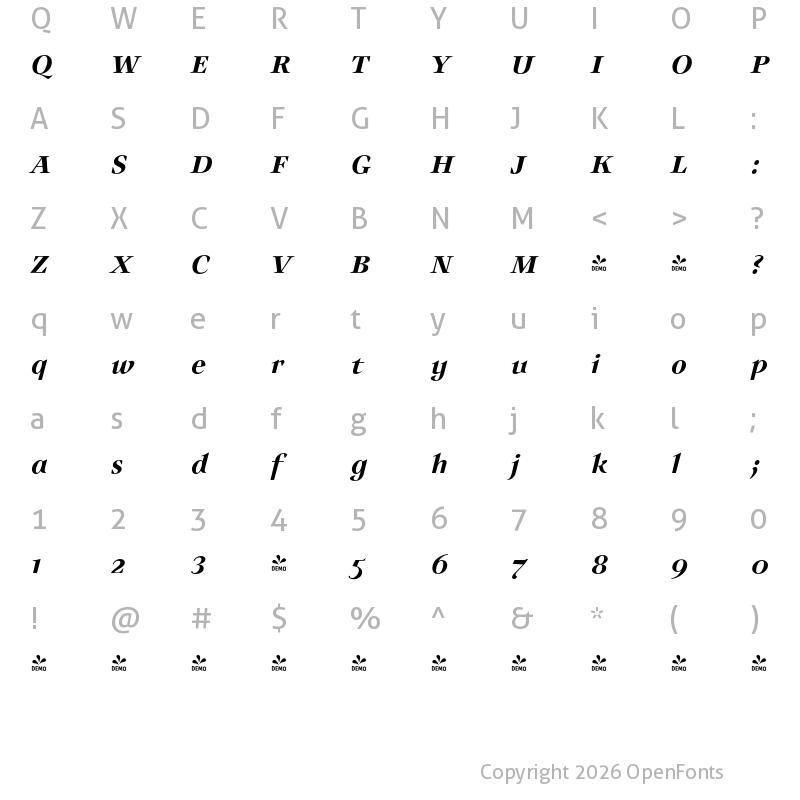Character Map of FONTSPRING DEMO - Auxerre 66 Medium Italic