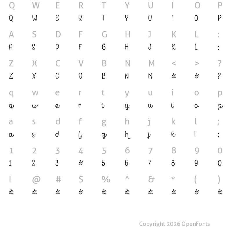 Character Map of FONTSPRING DEMO - Avaline Script Light Regular