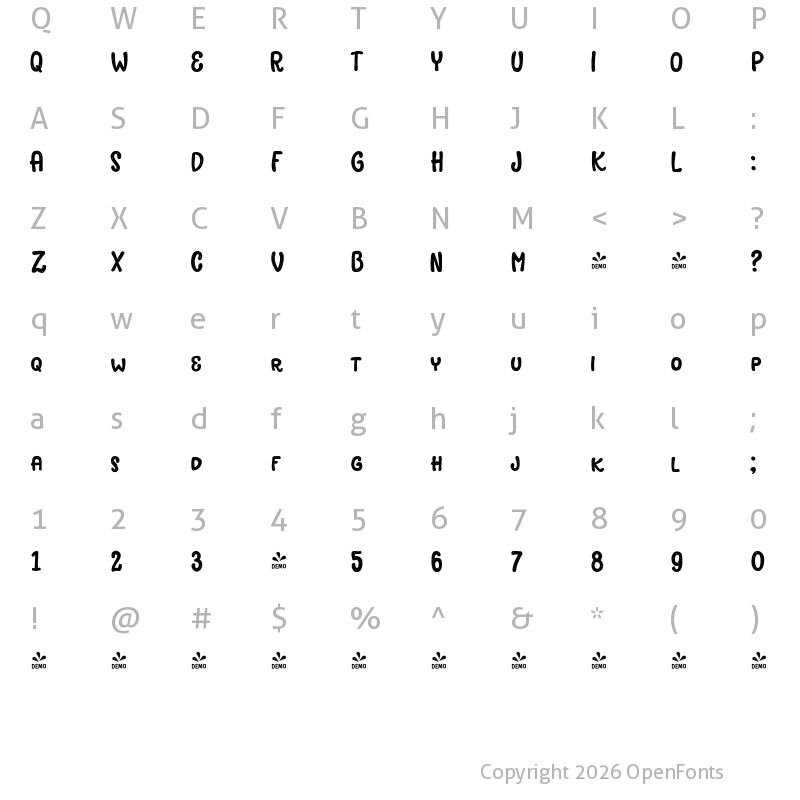 Character Map of FONTSPRING DEMO - Avaline Script SC Sketch Regular