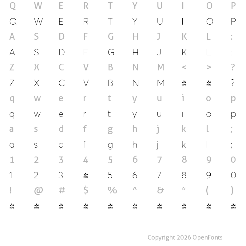 Character Map of FONTSPRING DEMO - Averta Std PE Thin Regular
