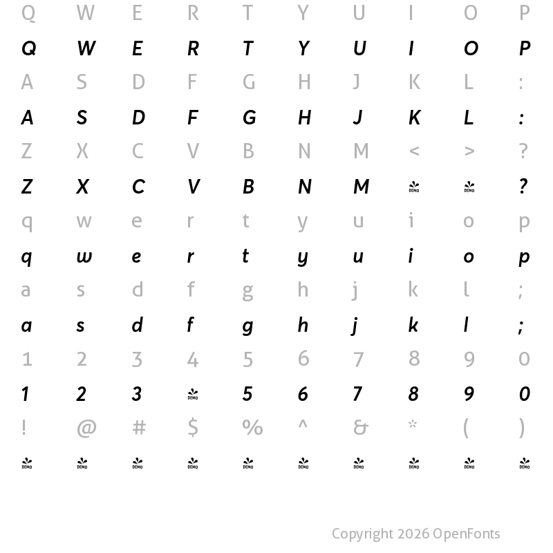 Character Map of FONTSPRING DEMO - Averta Std Semibold Italic