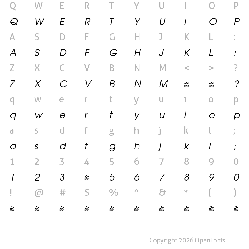 Character Map of FONTSPRING DEMO - Avignon PS Pro Italic