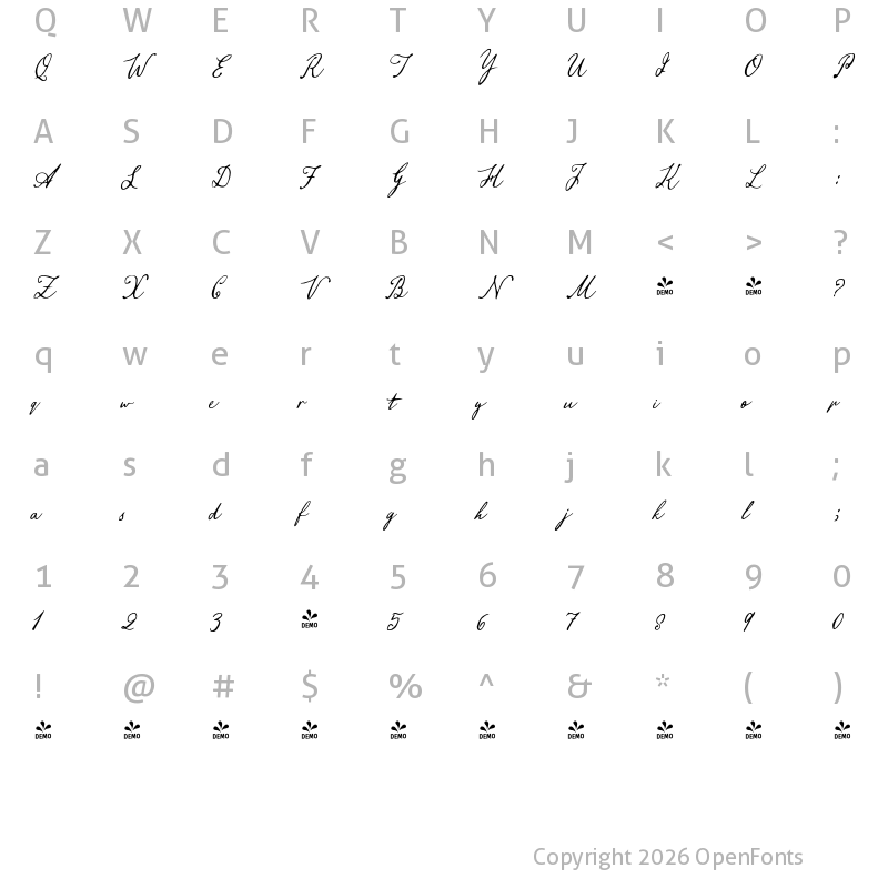 Character Map of FONTSPRING DEMO - Aviola Memories Regular