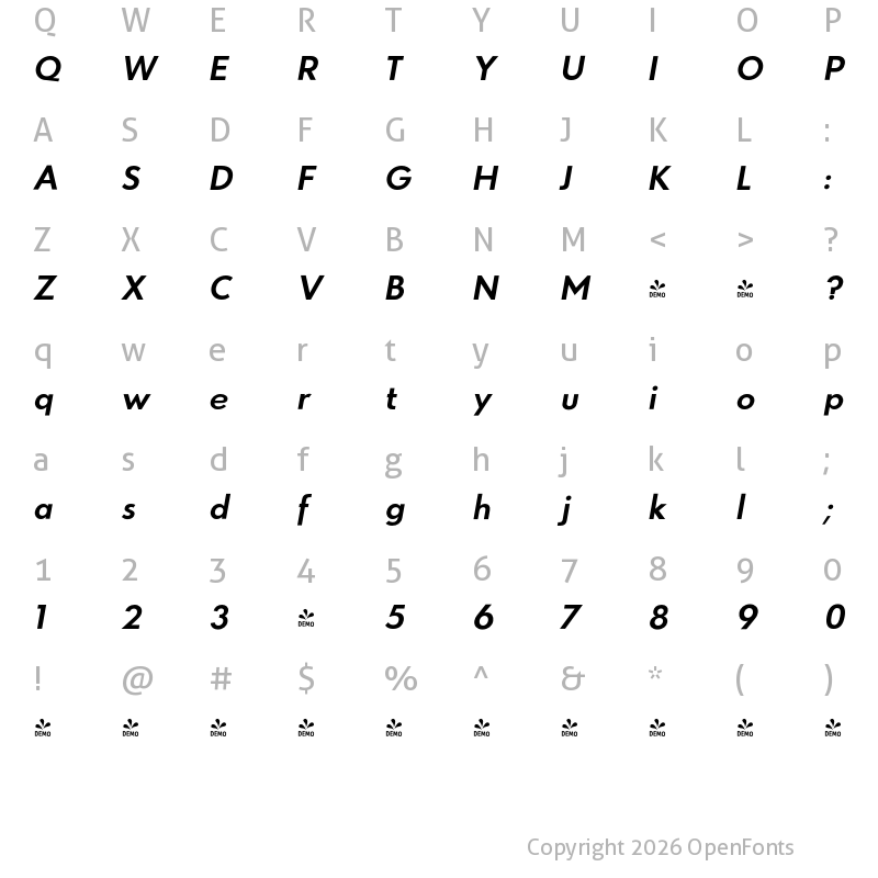 Character Map of FONTSPRING DEMO - Azur BoldItalic Regular