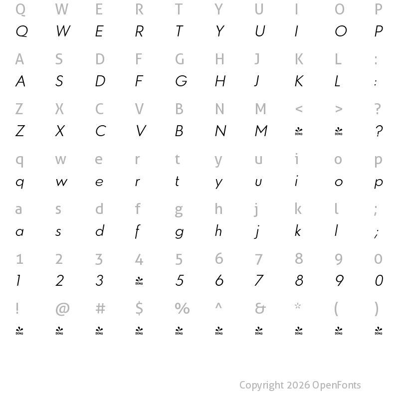Character Map of FONTSPRING DEMO - Azur LightItalicRounded Regular