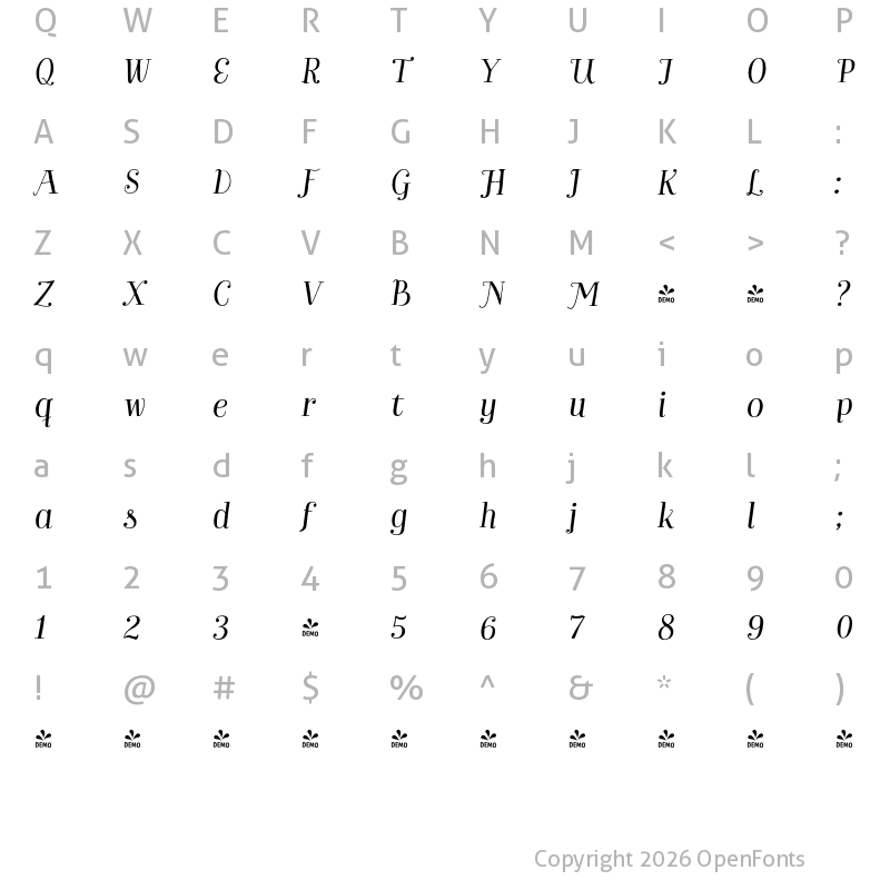 Character Map of FONTSPRING DEMO - Bach Bold It Regular