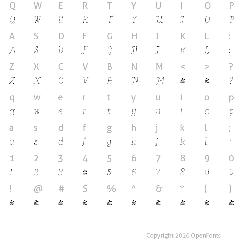 Character Map of FONTSPRING DEMO - Bach Thin It Regular