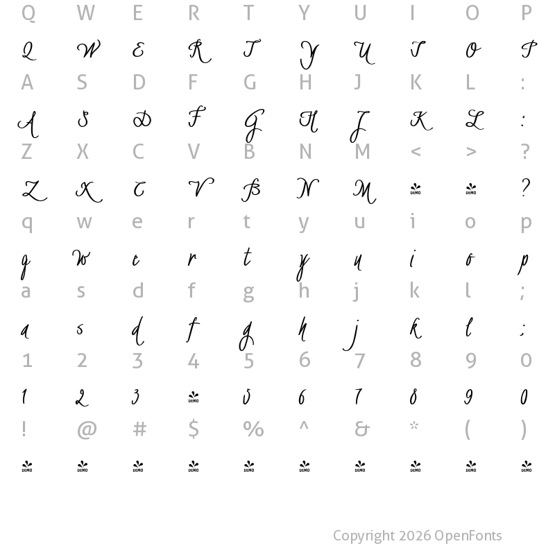 Character Map of FONTSPRING DEMO - BachelorScript Bold