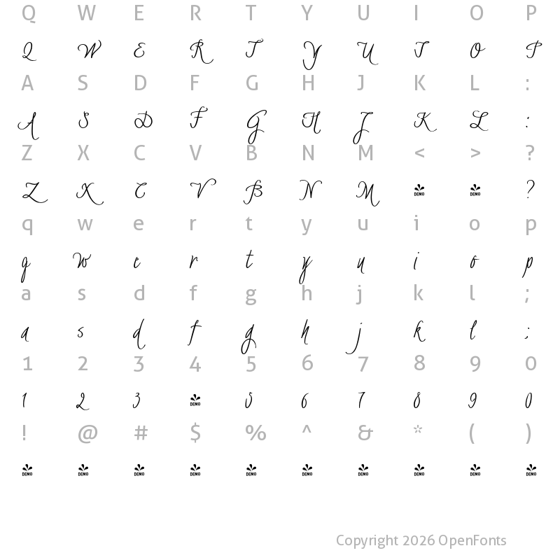 Character Map of FONTSPRING DEMO - BachelorScript Regular