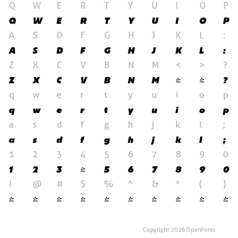 Character Map of FONTSPRING DEMO - Bajazzo Blk Italic