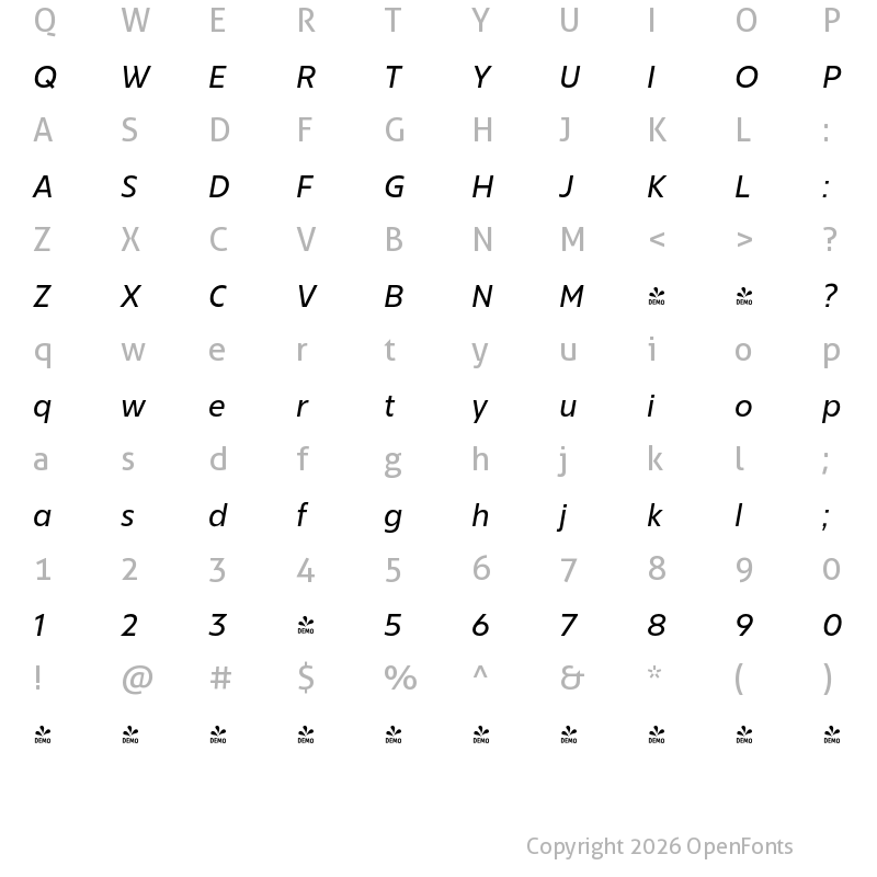 Character Map of FONTSPRING DEMO - Bajazzo Italic