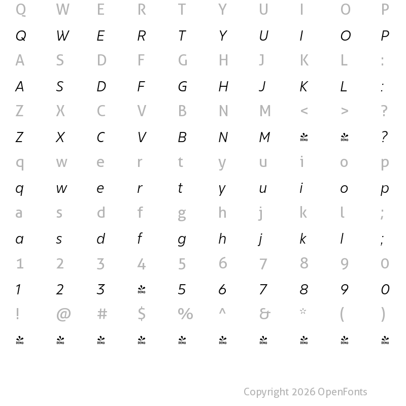 Character Map of FONTSPRING DEMO - Bajazzo Lt Italic