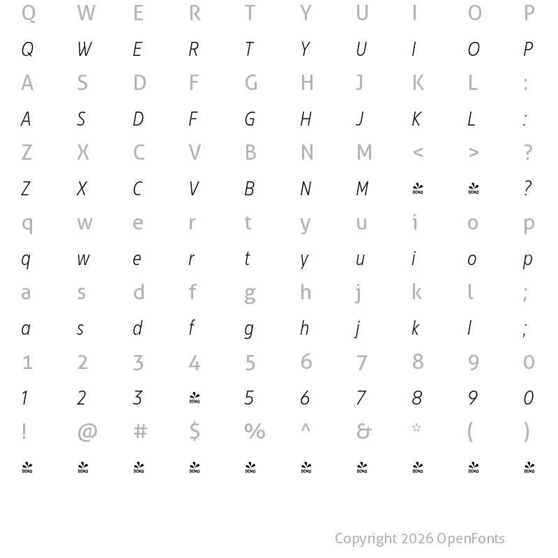 Character Map of FONTSPRING DEMO - Bajazzo Nr Xlt Italic