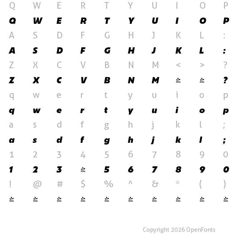 Character Map of FONTSPRING DEMO - Bajazzo Xbd Italic