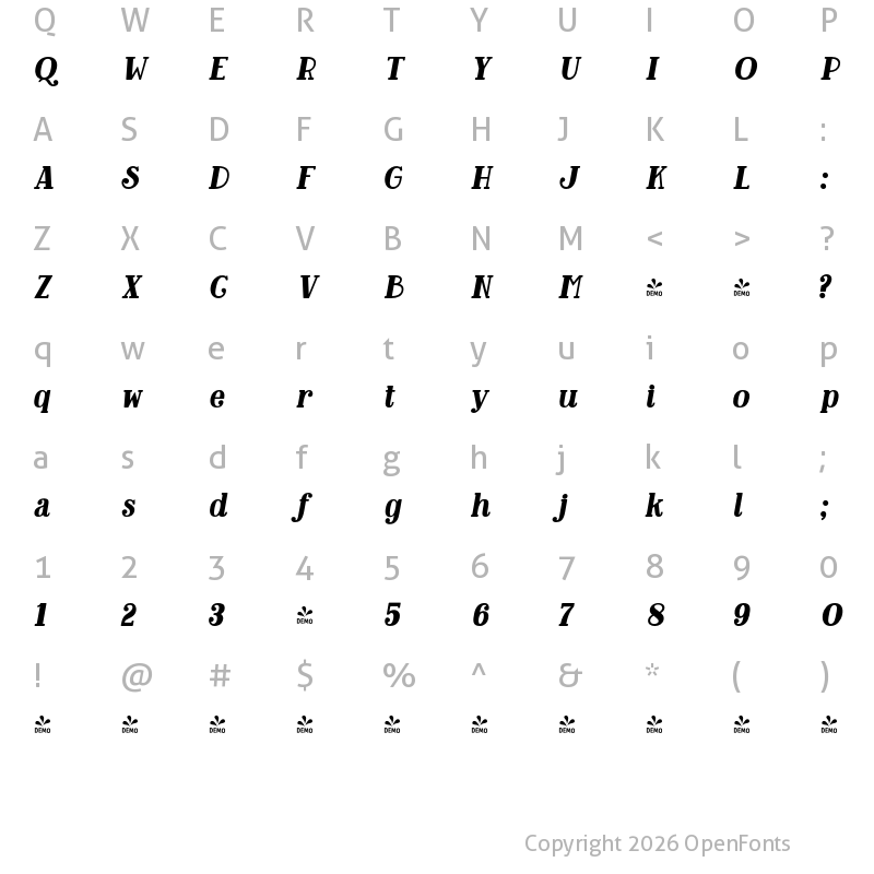 Character Map of FONTSPRING DEMO - Baker Street Oblique Regular