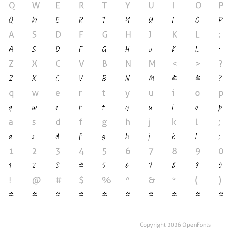 Character Map of FONTSPRING DEMO - Bakeshop Light non-connect Regular