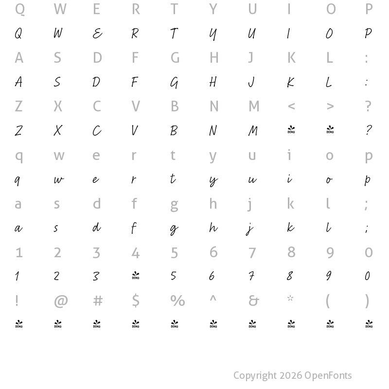 Character Map of FONTSPRING DEMO - Bakeshop Light Regular