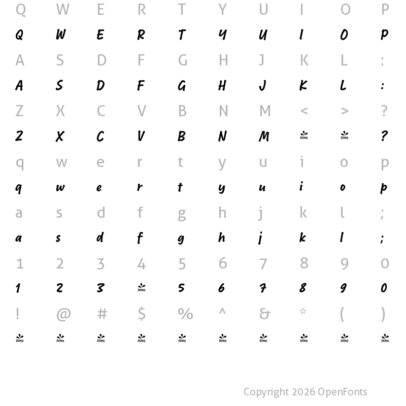 Character Map of FONTSPRING DEMO - Bakeshop non-connect Bold