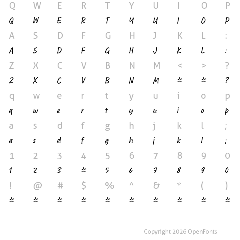 Character Map of FONTSPRING DEMO - Bakeshop non-connect Regular