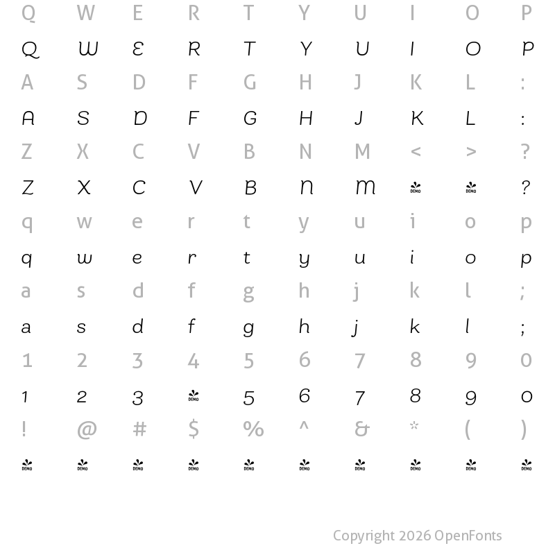 Character Map of FONTSPRING DEMO - Bakewell Semi-Wide Italic Regular