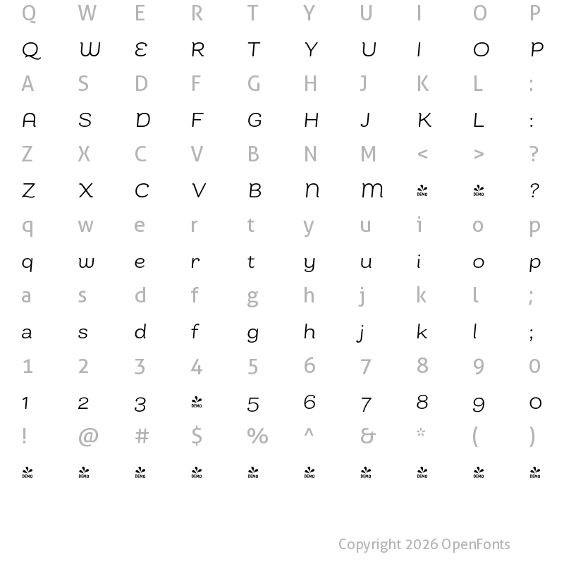 Character Map of FONTSPRING DEMO - Bakewell Wide Italic Regular