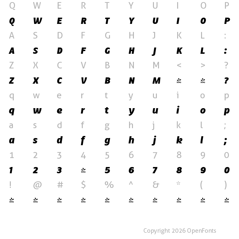 Character Map of FONTSPRING DEMO - Ballarih Black Italic