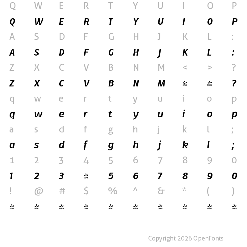 Character Map of FONTSPRING DEMO - Ballarih Bold Italic