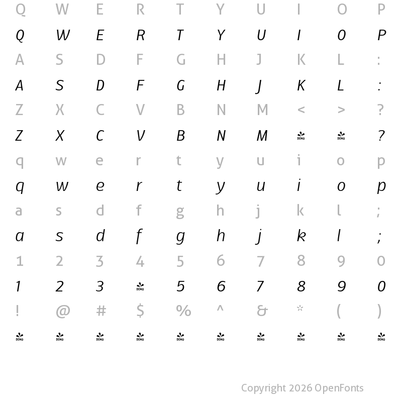 Character Map of FONTSPRING DEMO - Ballarih Italic