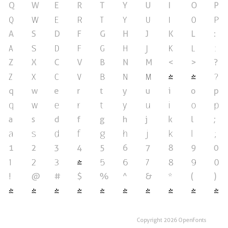 Character Map of FONTSPRING DEMO - Ballarih Thin Regular