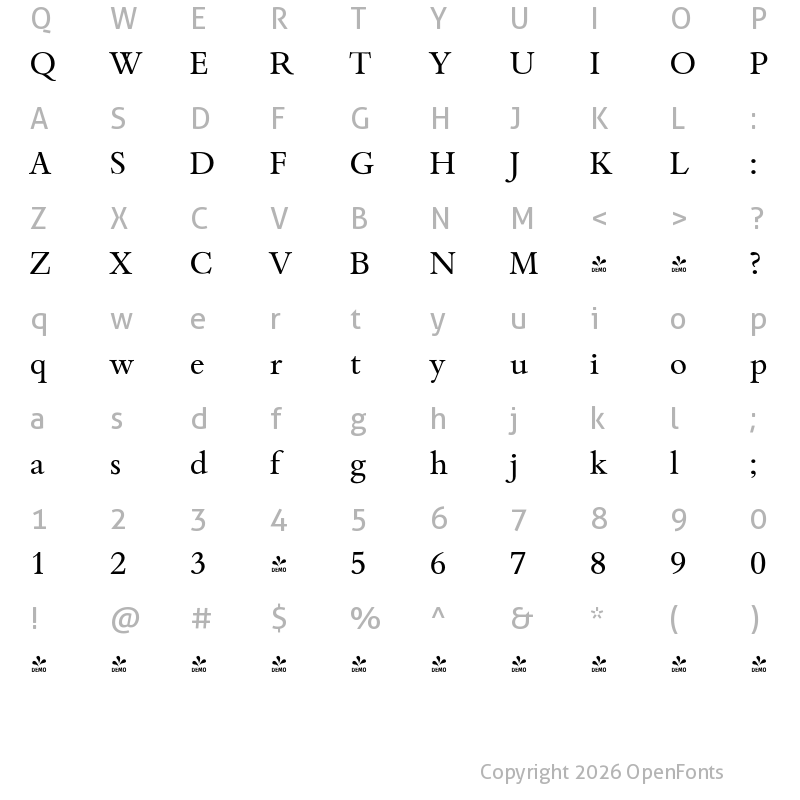 Character Map of FONTSPRING DEMO - Bamberg Serial Regular