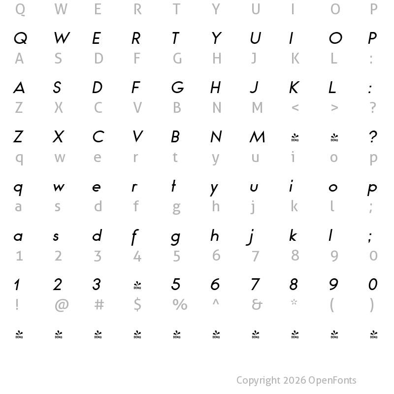 Character Map of FONTSPRING DEMO - Bambino Italic Regular
