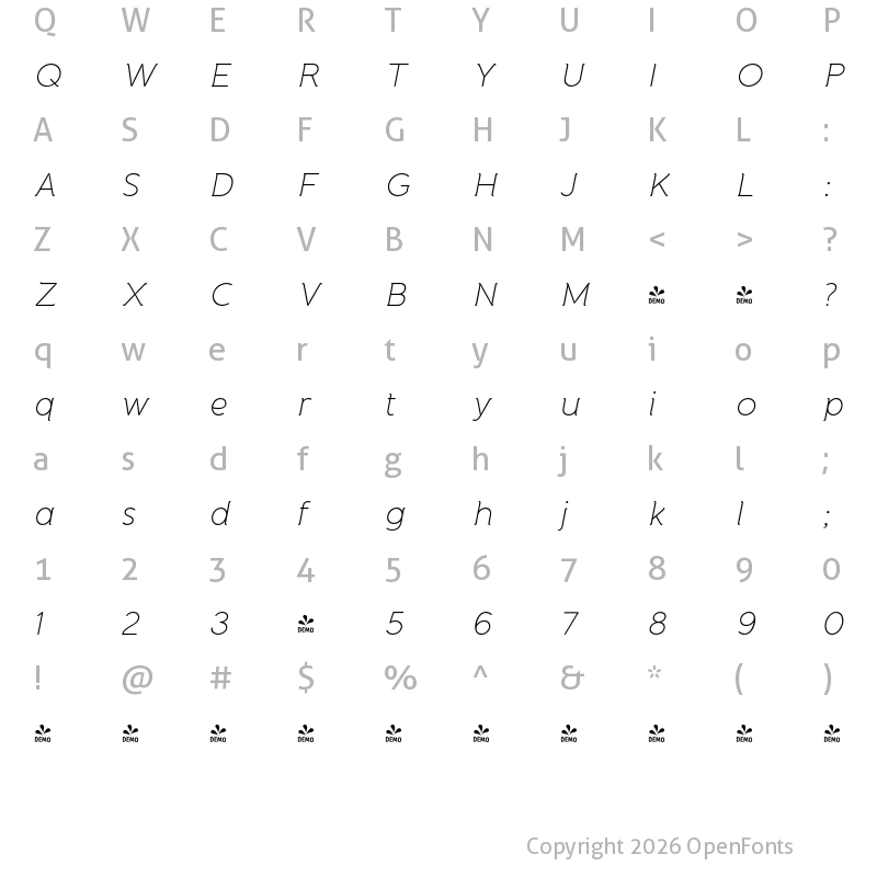 Character Map of FONTSPRING DEMO - Banda Extra Light ExtraLight Italic