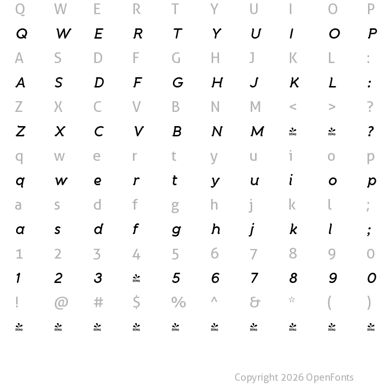Character Map of FONTSPRING DEMO - Banda Semi bold SemiBold Italic