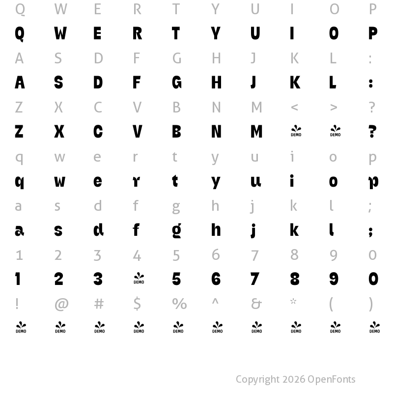 Character Map of FONTSPRING DEMO - Bangel Solid Regular