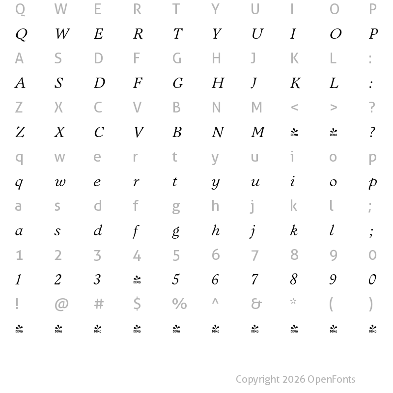Character Map of FONTSPRING DEMO - Bannikova Italic
