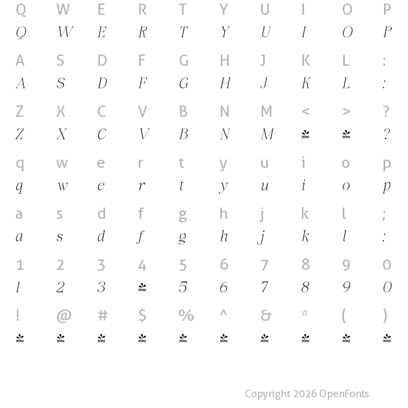 Character Map of FONTSPRING DEMO - Banzela Italic