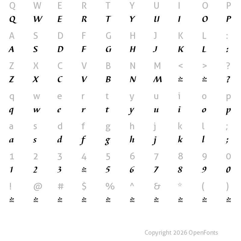 Character Map of FONTSPRING DEMO - Barbedor FS Bold Italic