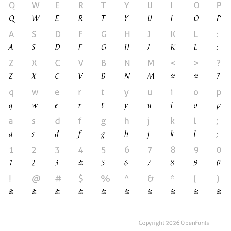 Character Map of FONTSPRING DEMO - Barbedor FS Italic