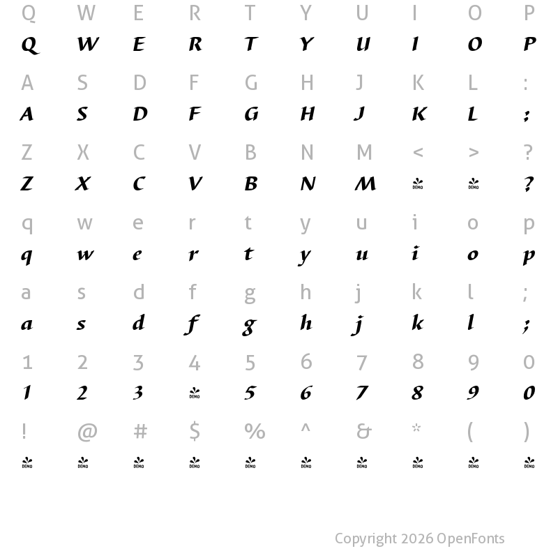 Character Map of FONTSPRING DEMO - Barbedor FS Med Bold Italic