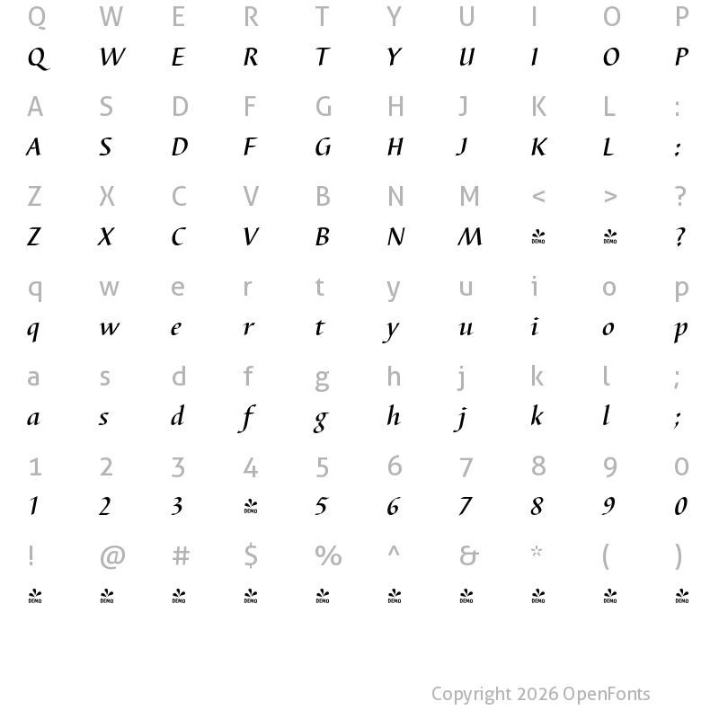 Character Map of FONTSPRING DEMO - Barbedor FS Med Italic