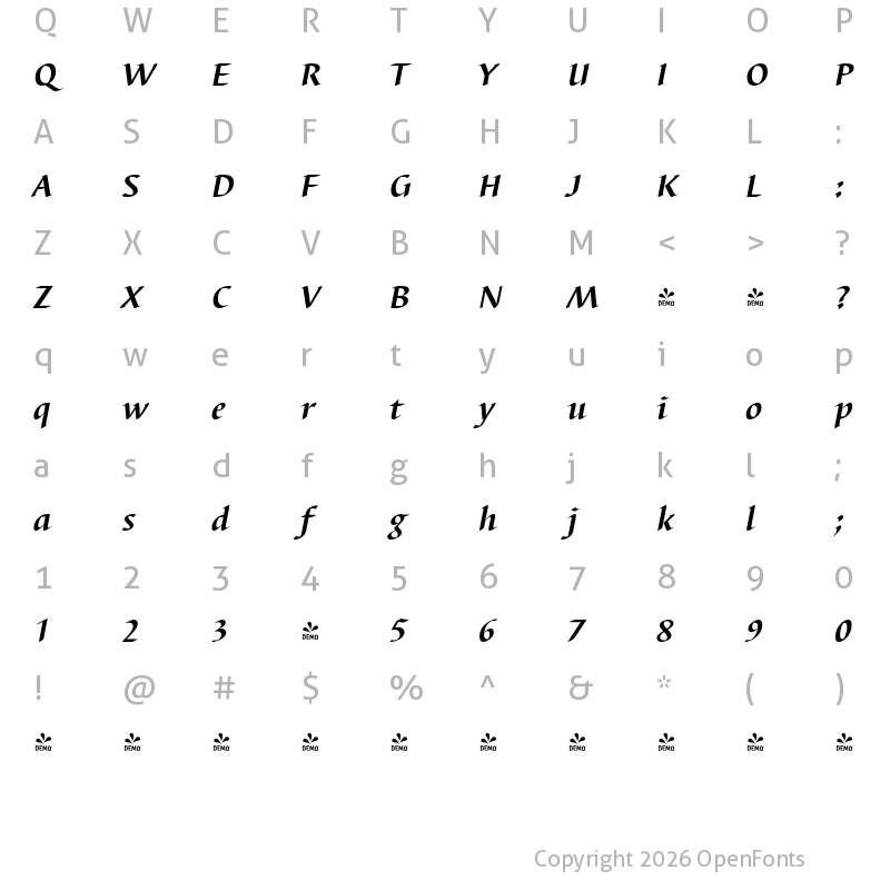 Character Map of FONTSPRING DEMO - Barbedor Pro Bold Italic