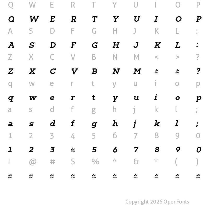 Character Map of FONTSPRING DEMO - Barnic Slab Bold Italic