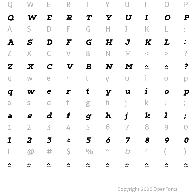 Character Map of FONTSPRING DEMO - Barnic Slab Heavy Italic
