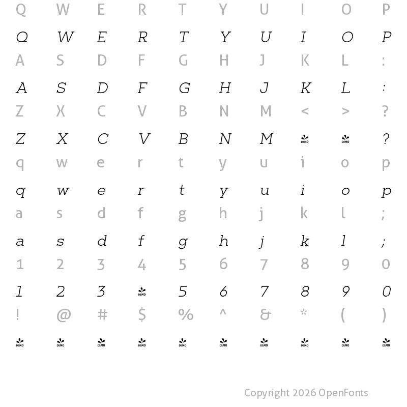 Character Map of FONTSPRING DEMO - Barnic Slab Light Italic