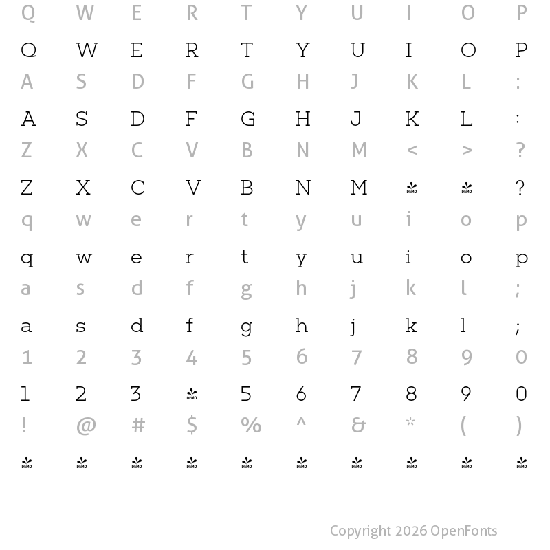 Character Map of FONTSPRING DEMO - Barnic Slab Light Regular